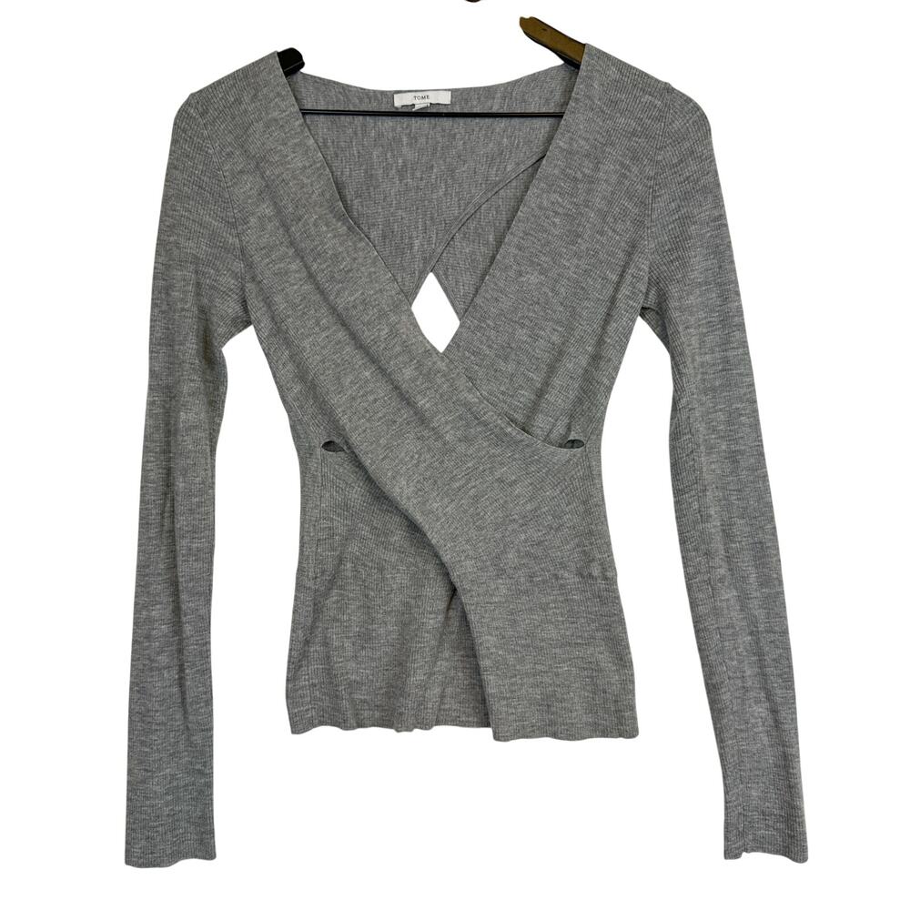 TOME NYC Crossover Gray Knit Open Back Rib Sweater 100% Wool - S